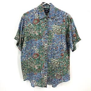 Solutions Original Men's S Silk Short Sleeved Summer‎ Shirt Cream Blue Floral